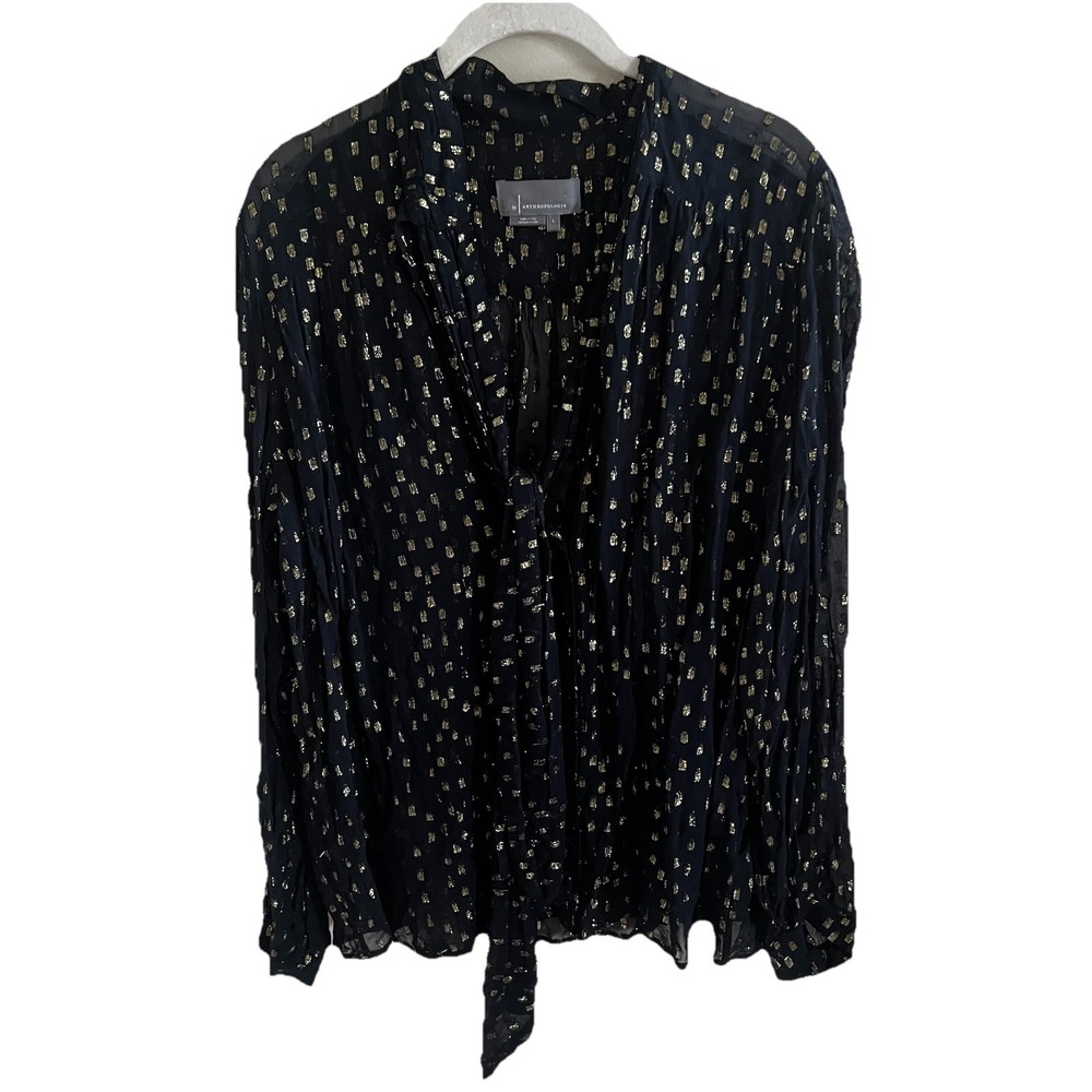 By Anthropologie Black and Gold Metallic Women's Sheer Blouse NYE Lightweight